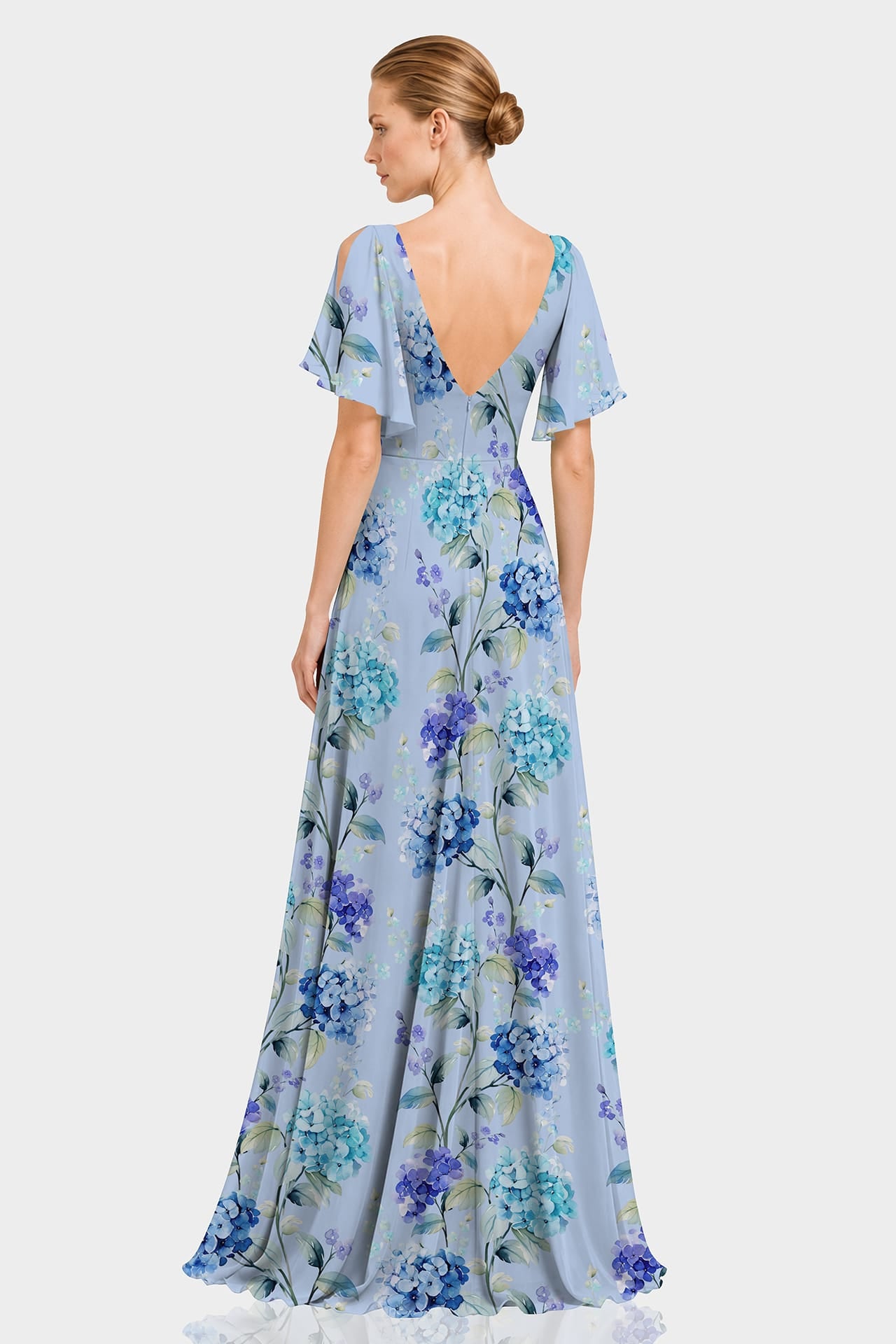 Sky Blue Hydrangea Floral Cold Shoulder Chiffon Maxi Dress