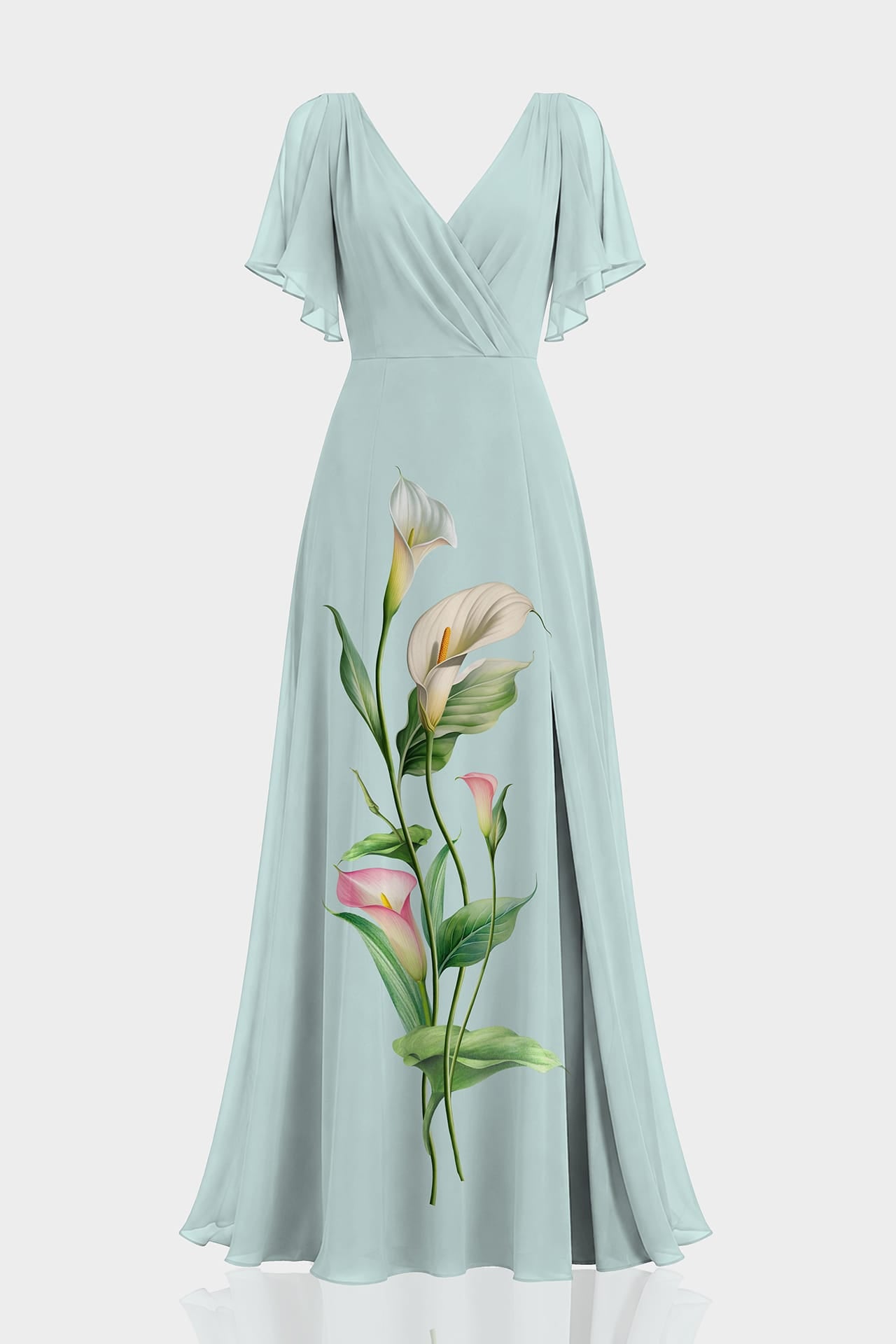 Mint Floral Cold Shoulder Chiffon Georgette Maxi Dress – Shahida Parides
