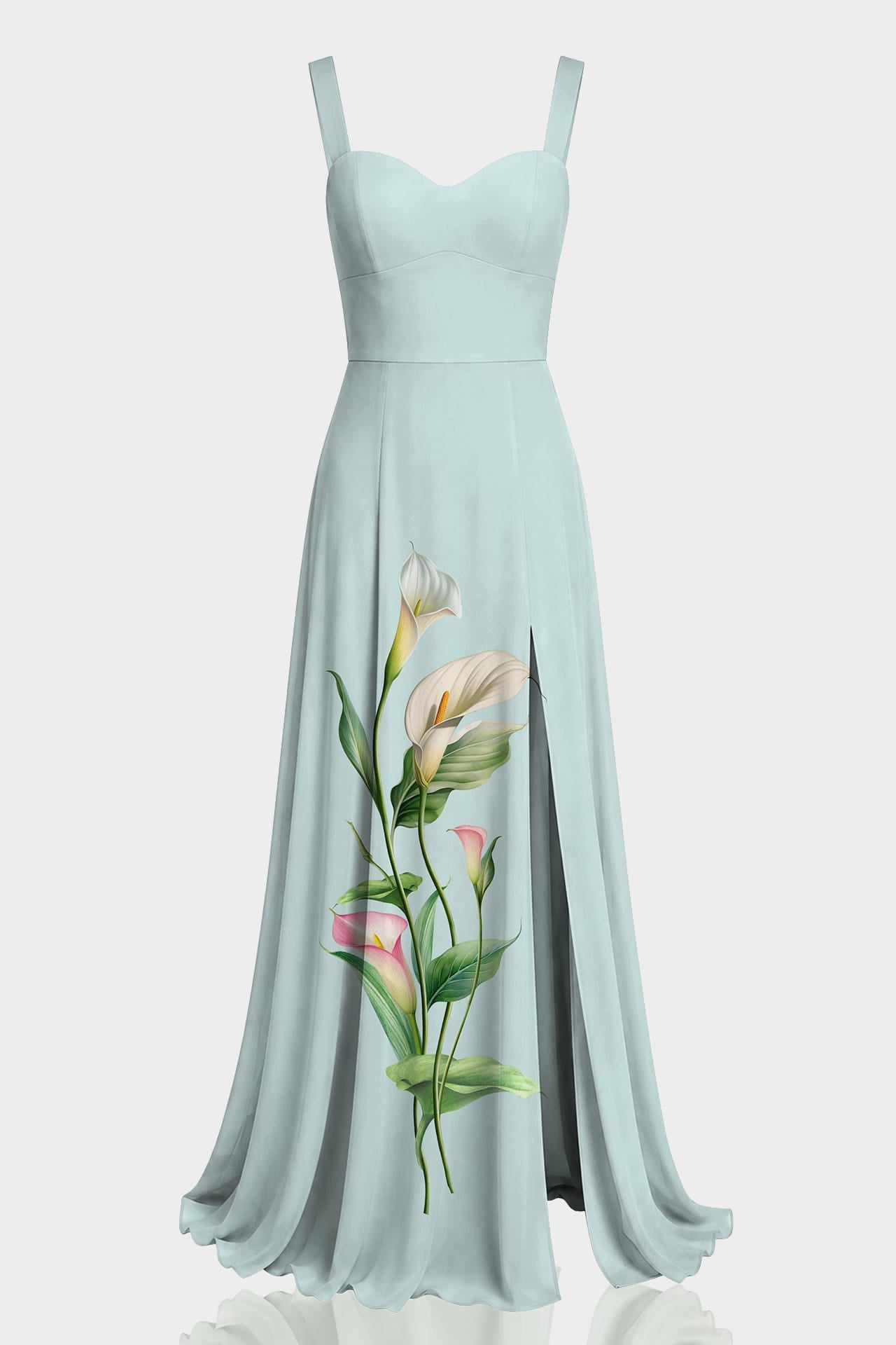 S Luxury Mint Calla Lily Floral Sweetheart Chiffon Georgette Maxi Dress with High Slit