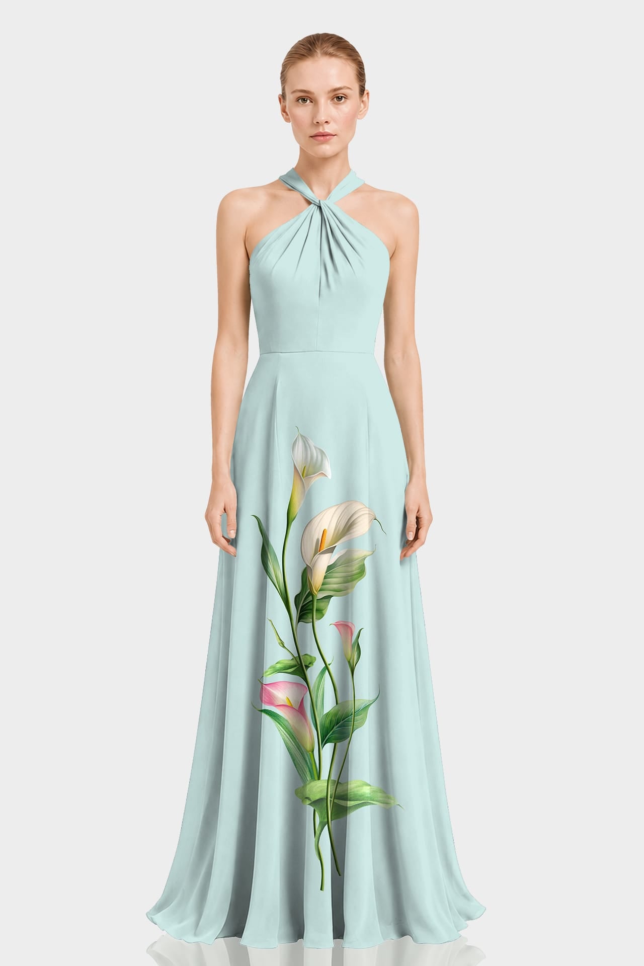 S Luxury Mint Green Calla Lily Print Twist Front Halter Matte chiffon Maxi Dress