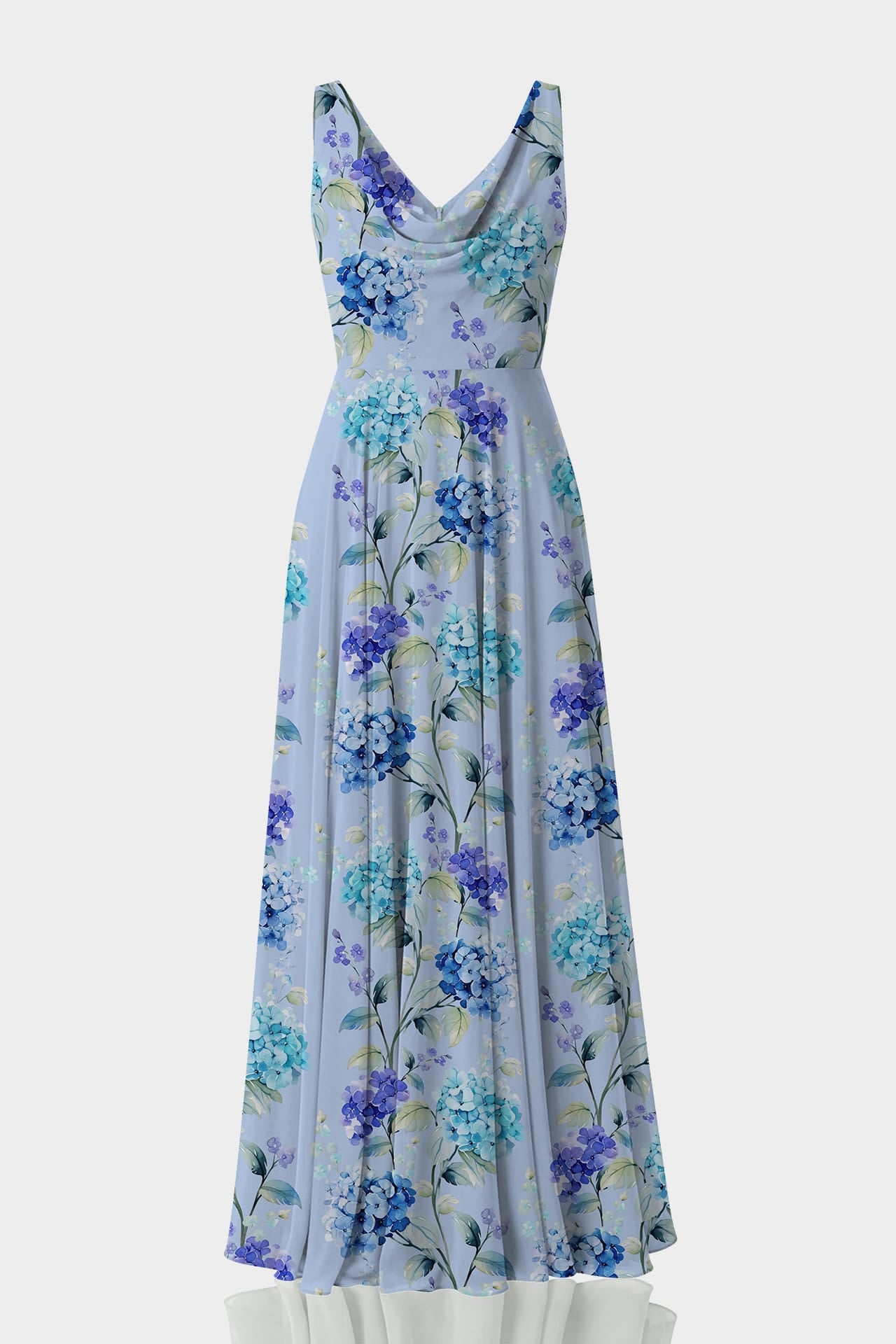 Premium Sky Blue Hydrangea Print Cowl Neck Chiffon Maxi Gown