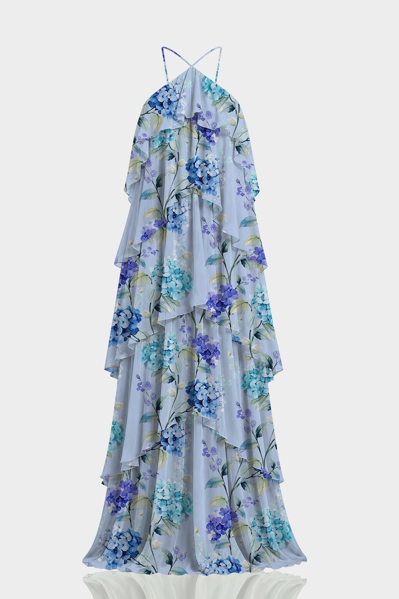 layered halter dress Sky Blue Hydrangea Print Maxi PT-30Denier