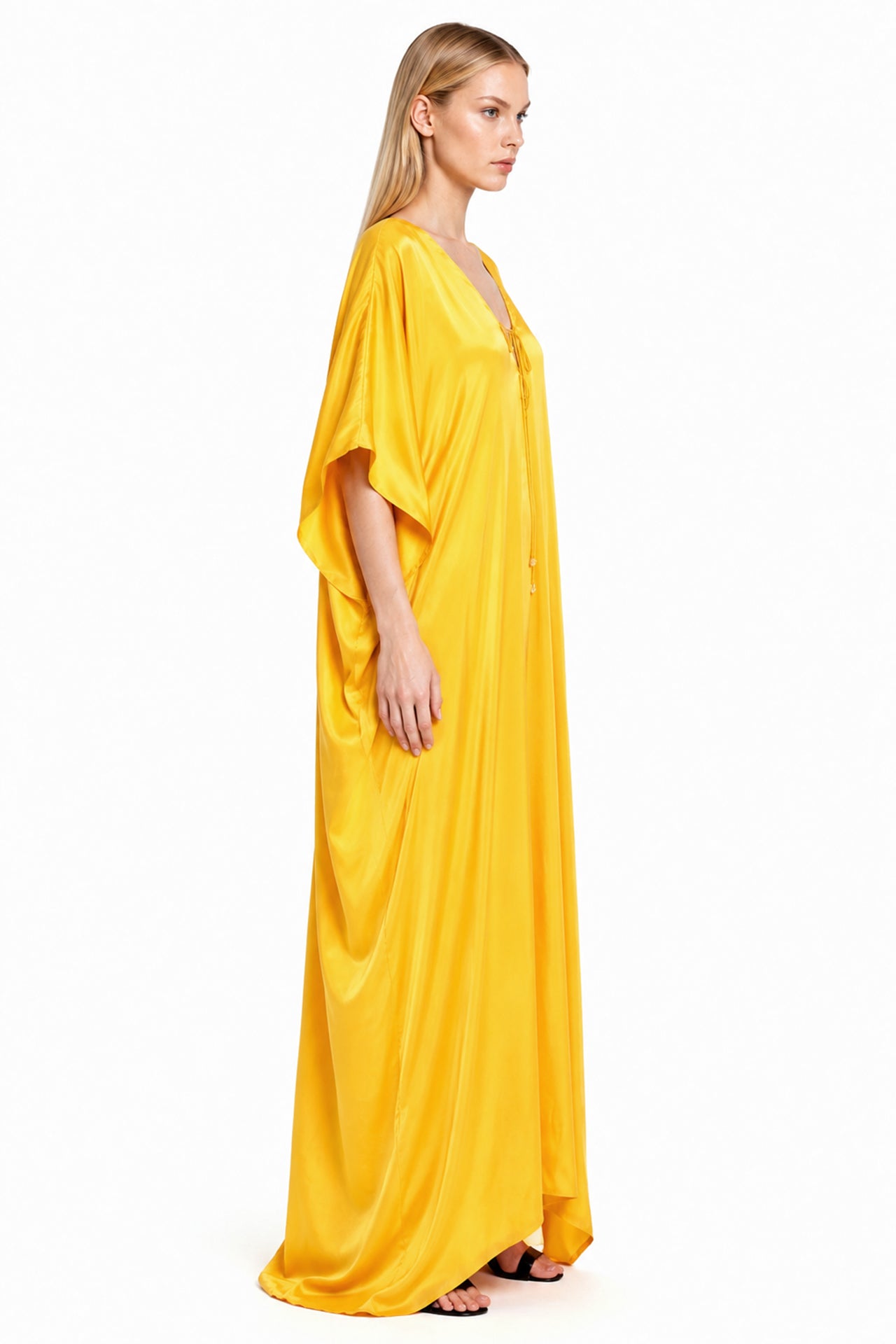 Golden Yellow Lace-Up Kaftan Maxi Dress