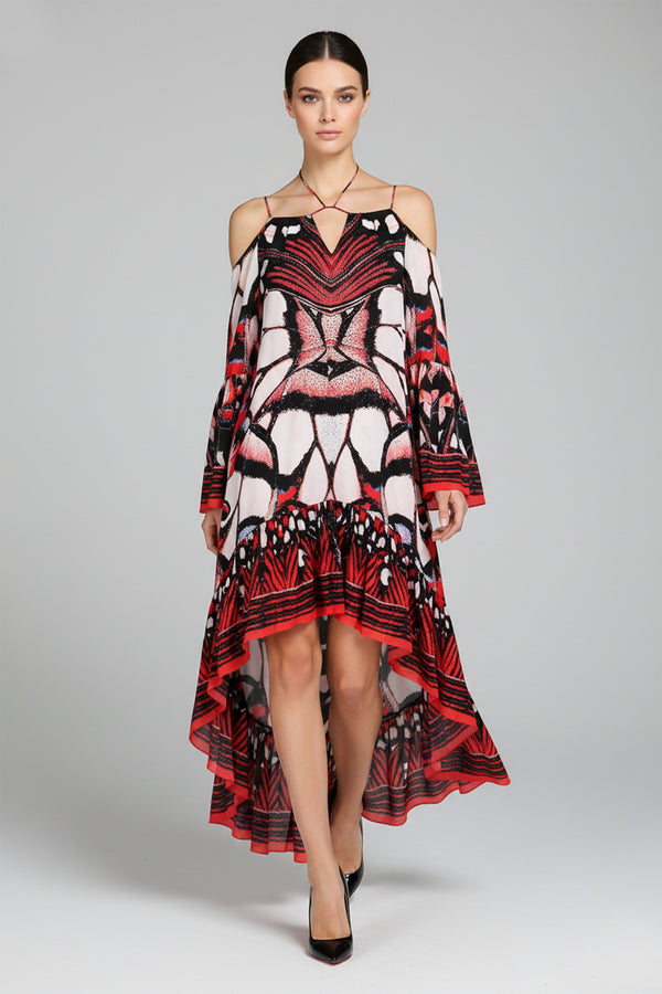 Annabella Butterfly-Print Handkerchief-Hem Off the Shoulder Dress { Multiway Short Dress } | Convertible Short Dresses Small
