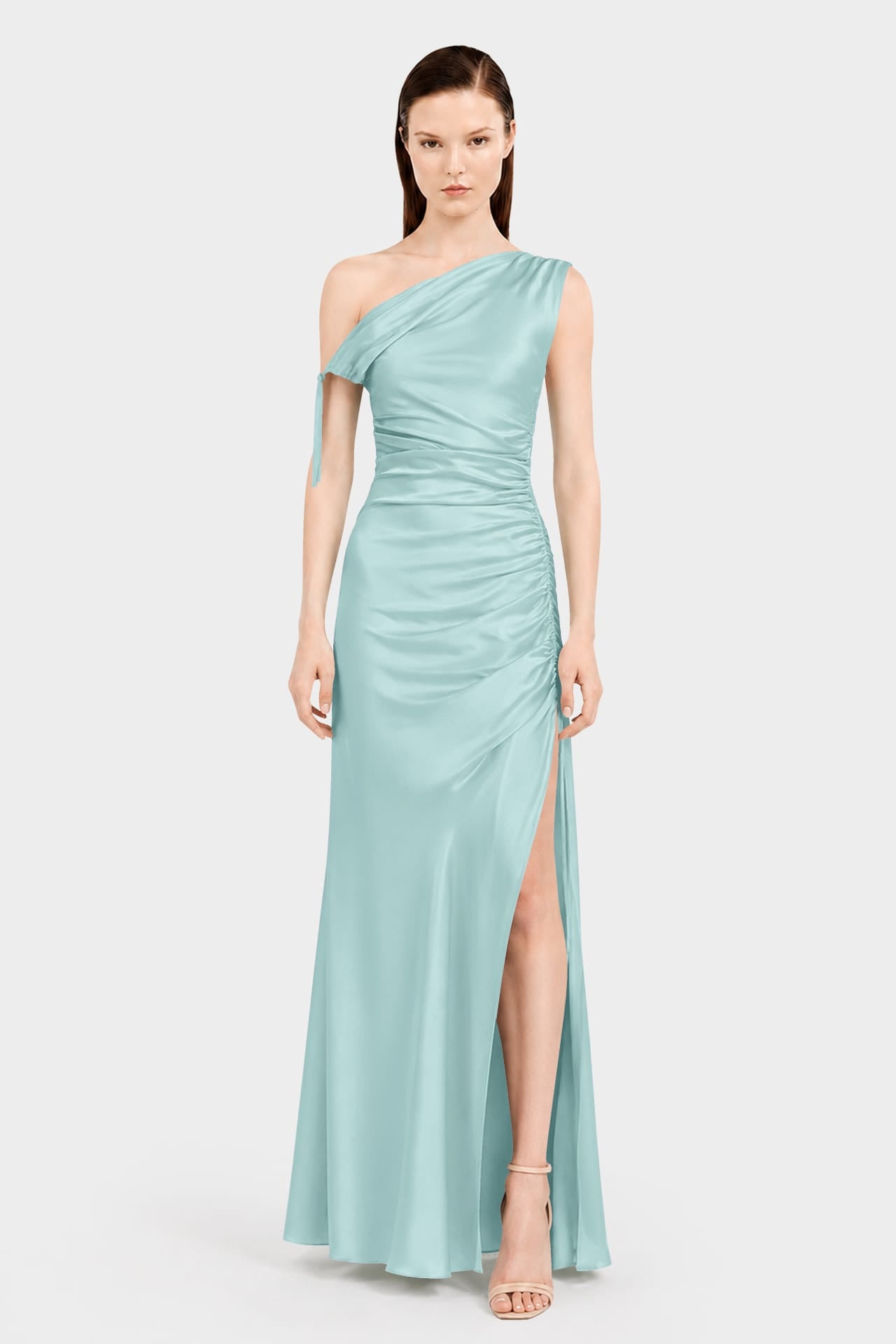 S Aqua Green One Shoulder Ruched Satin Maxi Dress