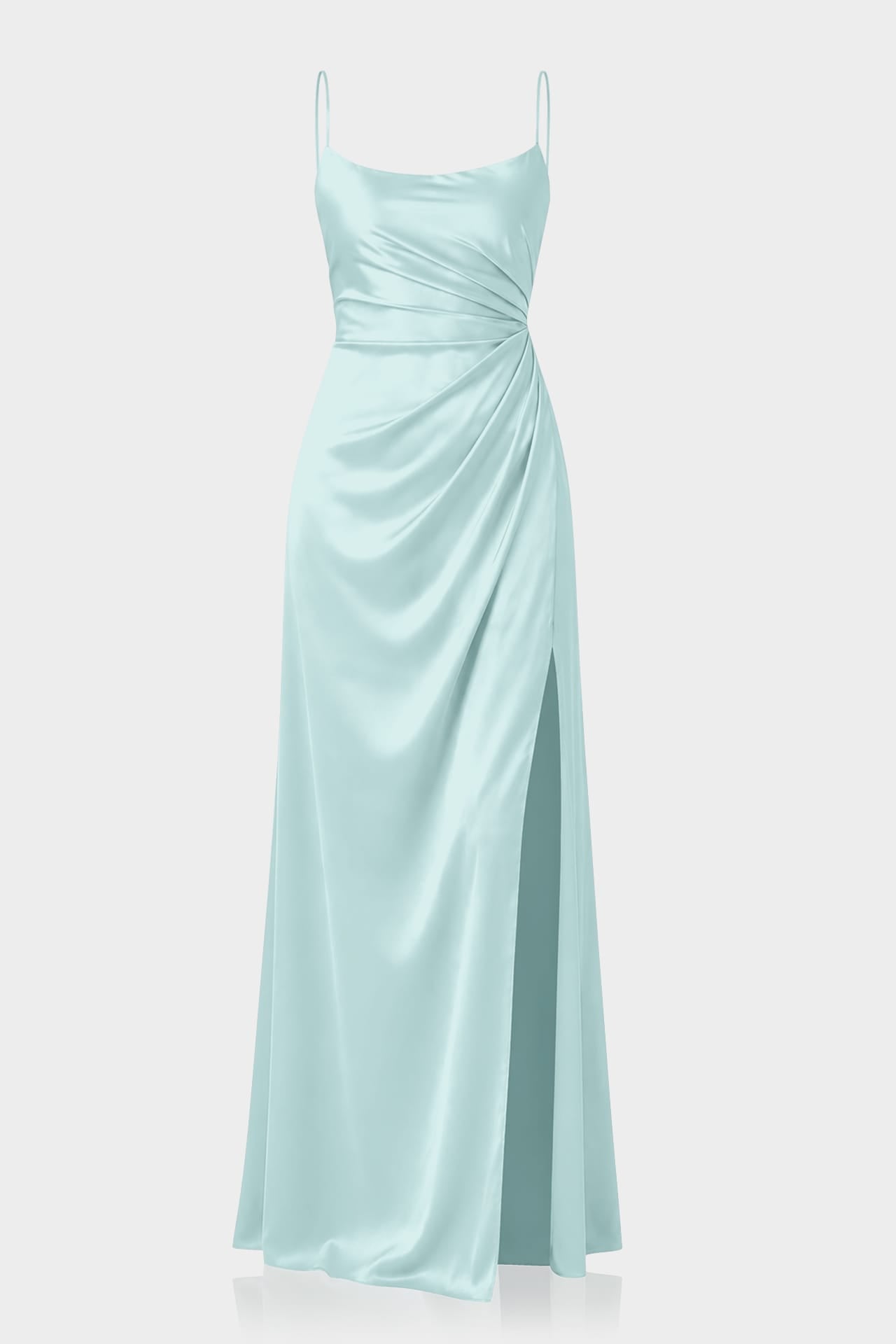 S Aqua Green Square Neckline Draped Satin Maxi Dress