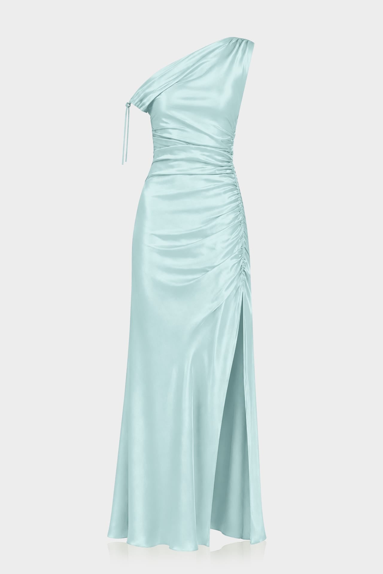 S Aqua Green One Shoulder Ruched Satin Maxi Dress