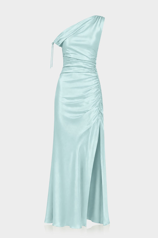 S Aqua Green One Shoulder Ruched Satin Maxi Dress