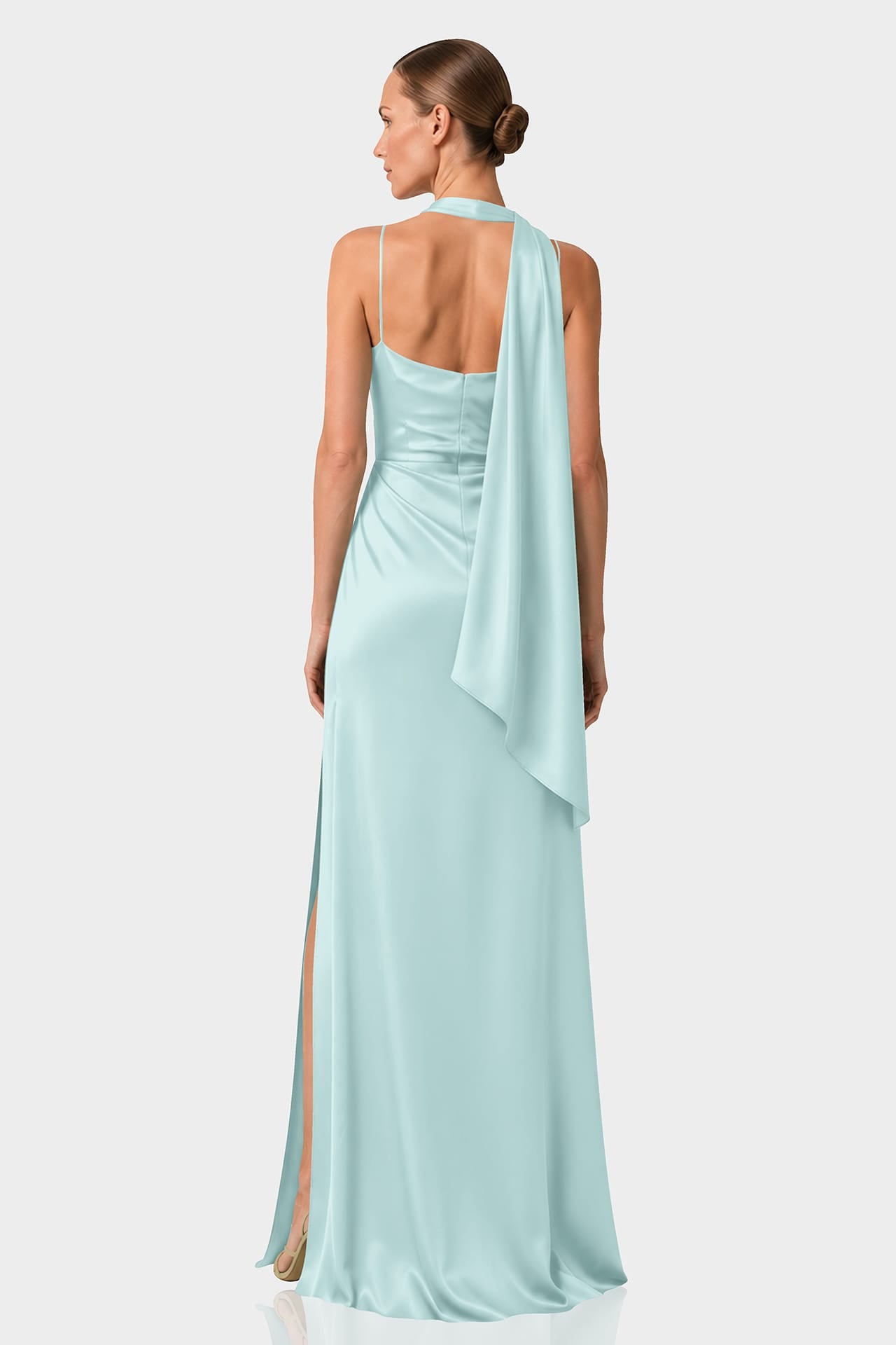 aqua satin dress S Green Square Neckline Draped Maxi Adjustable bust Size:46 / UK 12 / US 13 Bridgerton-Inspired Dresses: Regency Elegance no:Z026304