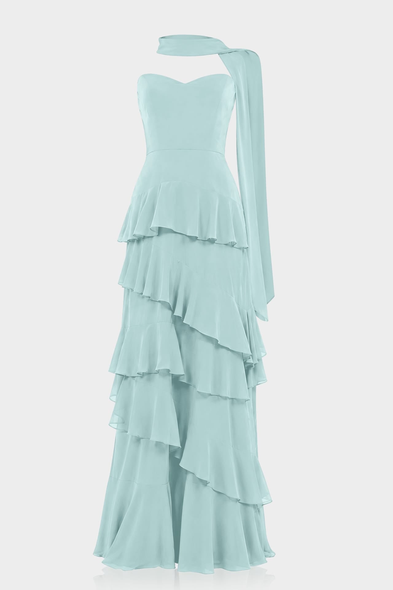 S Aqua Green Luxury Strapless Tiered Ruffle Maxi Dress