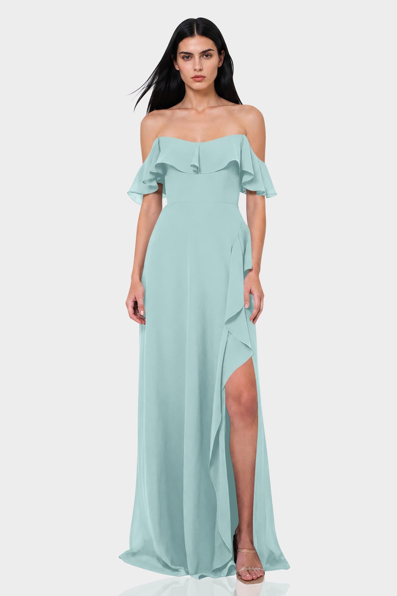 S Aqua Green Off-Shoulder Ruffle Chiffon Fit & Flare Maxi Dress