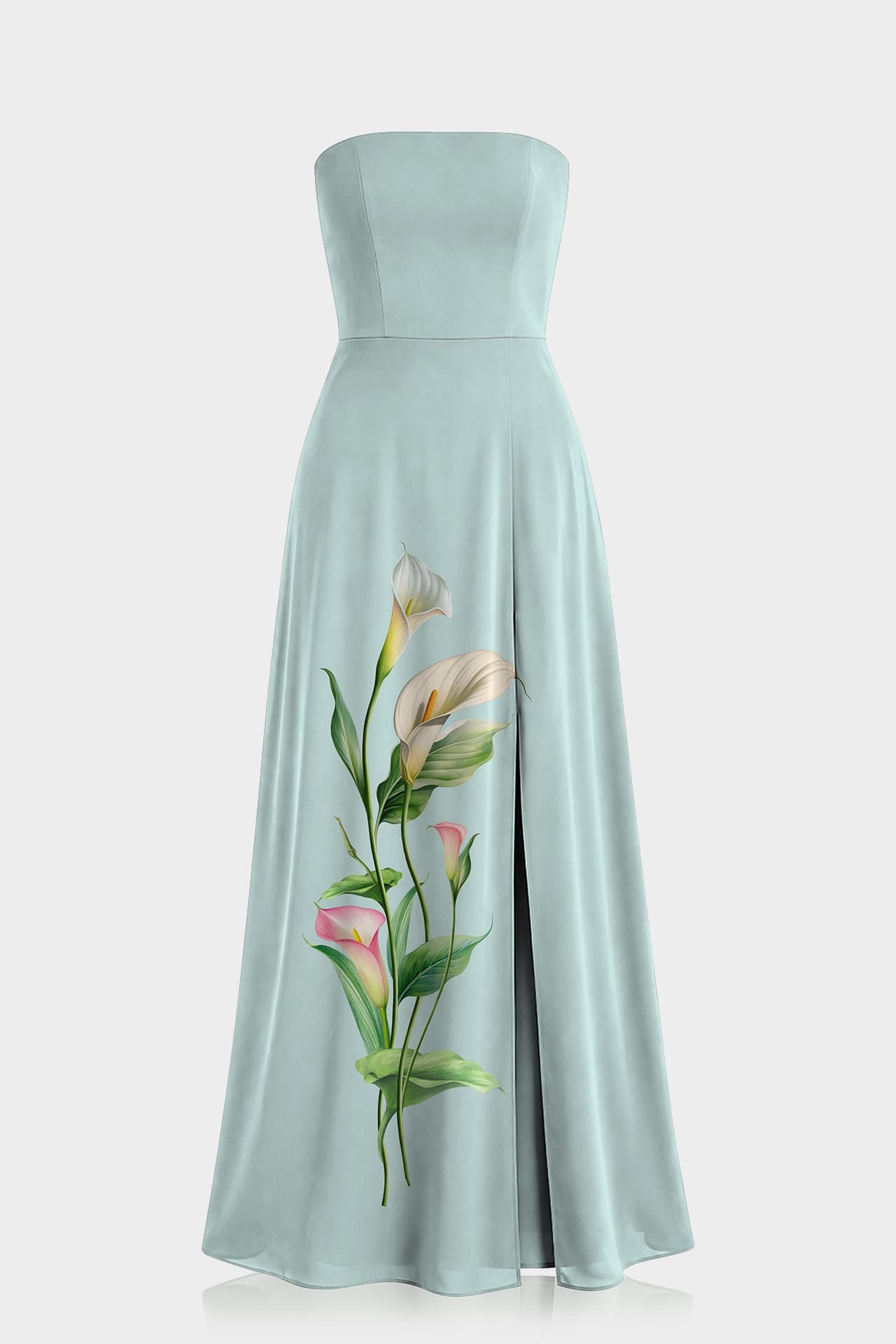 S Luxury Mint Calla Lily Floral Print Strapless Satin Maxi Dress