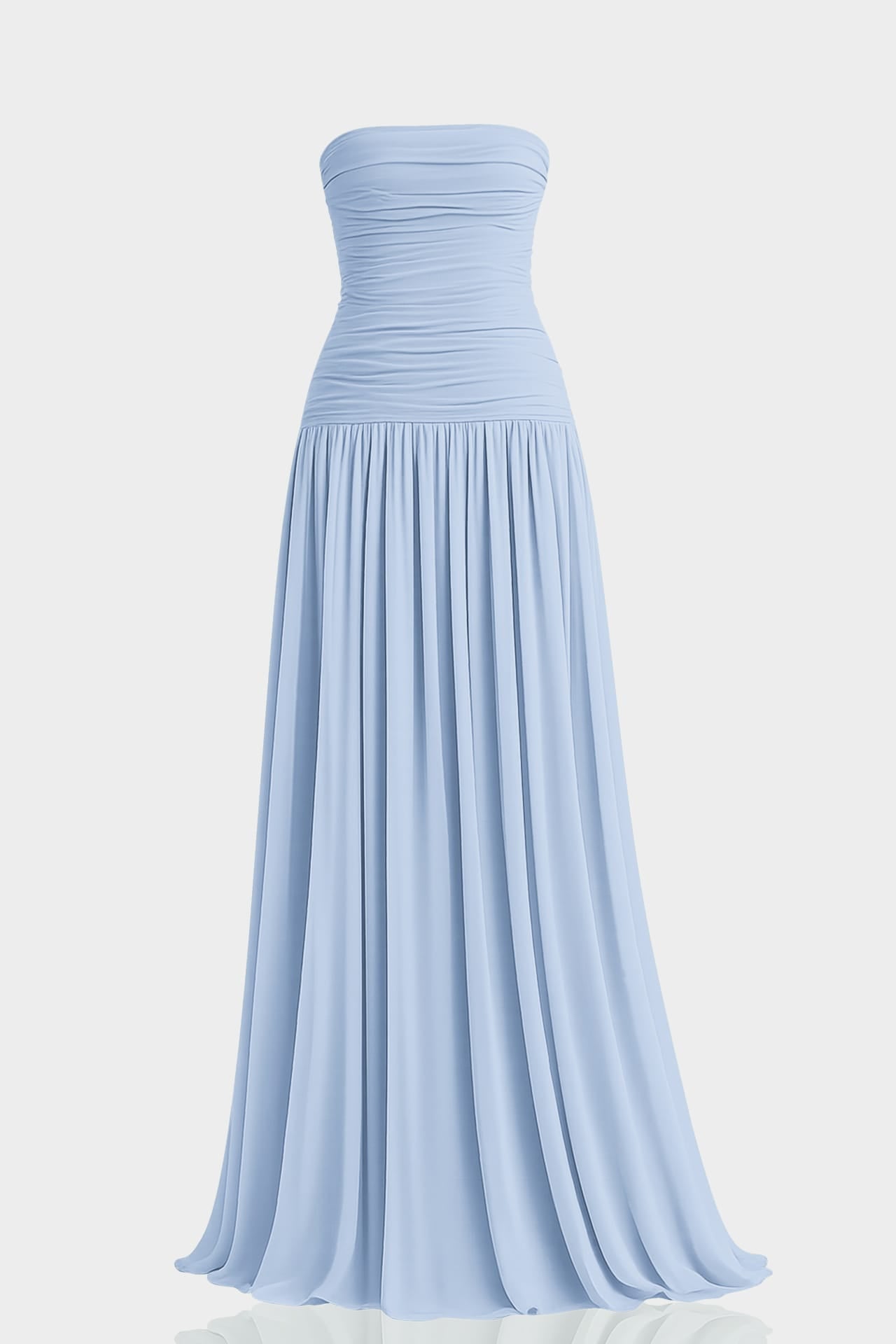 S Powder Blue Strapless Ruched Chiffon Maxi Dress