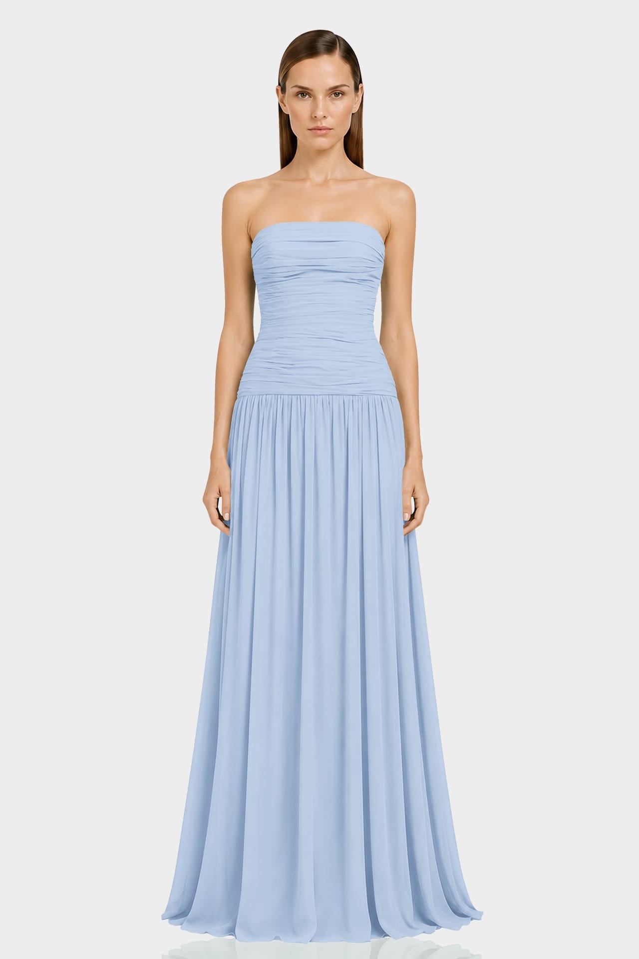 S Powder Blue Strapless Ruched Chiffon Maxi Dress