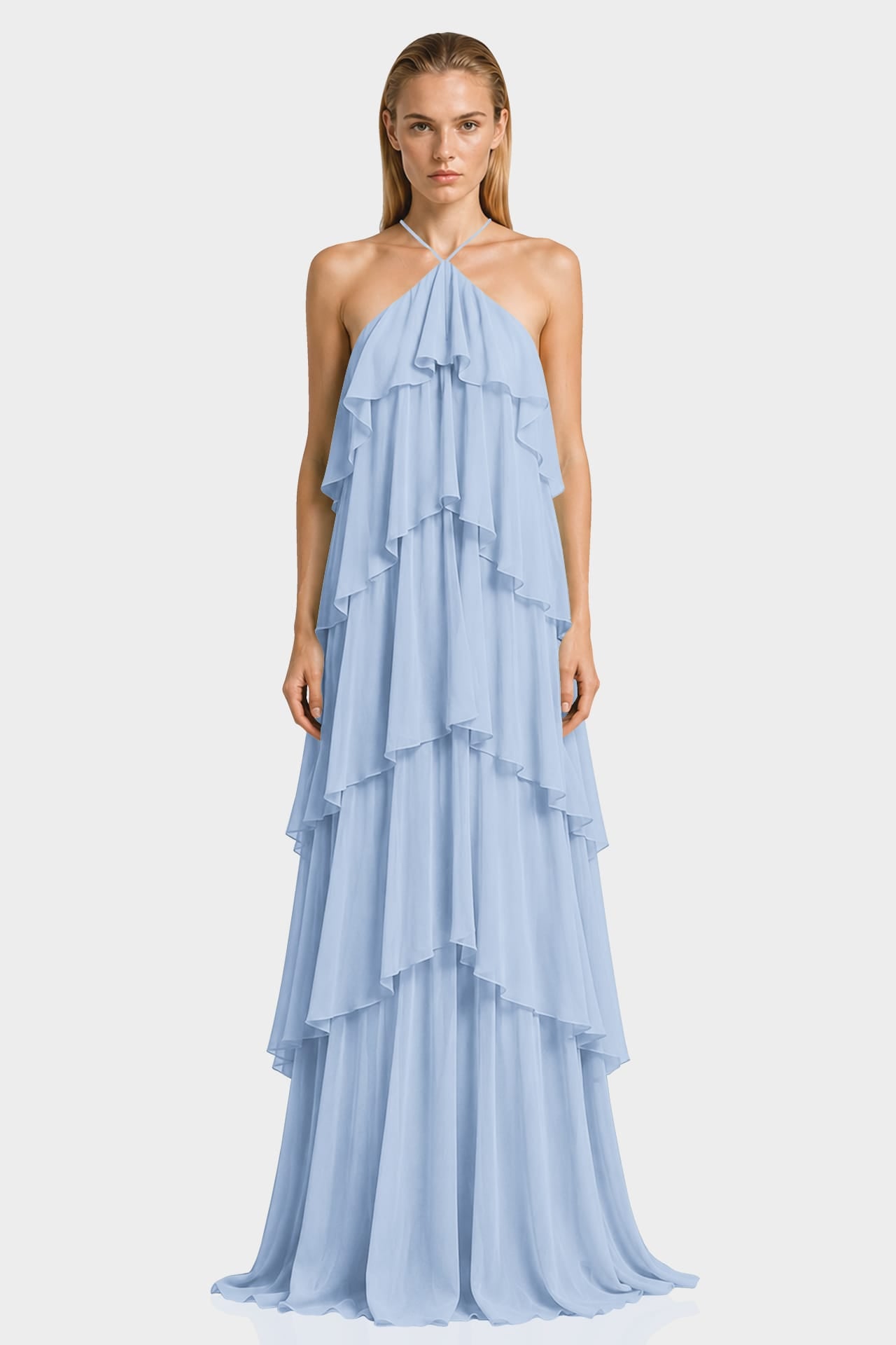 Powder Blue Chiffon Halter Maxi Dress