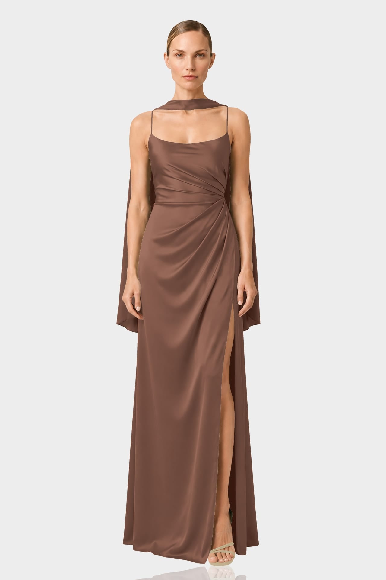 chocolate gowns & formal dresses Satin Sleeveless Gown with Draped Scarf – Shahida Parides Loop Exchange