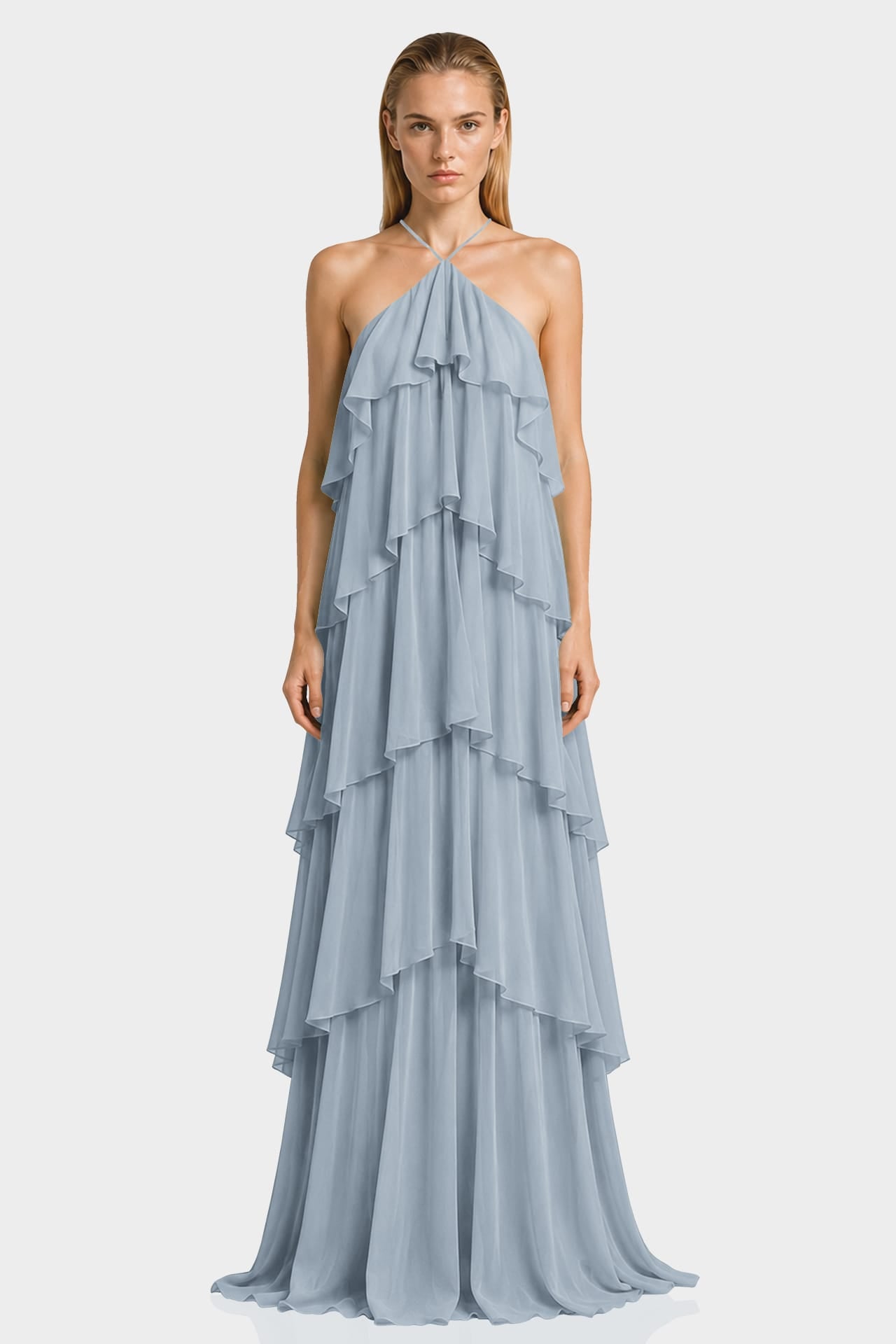 dusty blue halter bridesmaid dress Tiered Ruffle Chiffon Gown – Shahida Parides Flat 10%