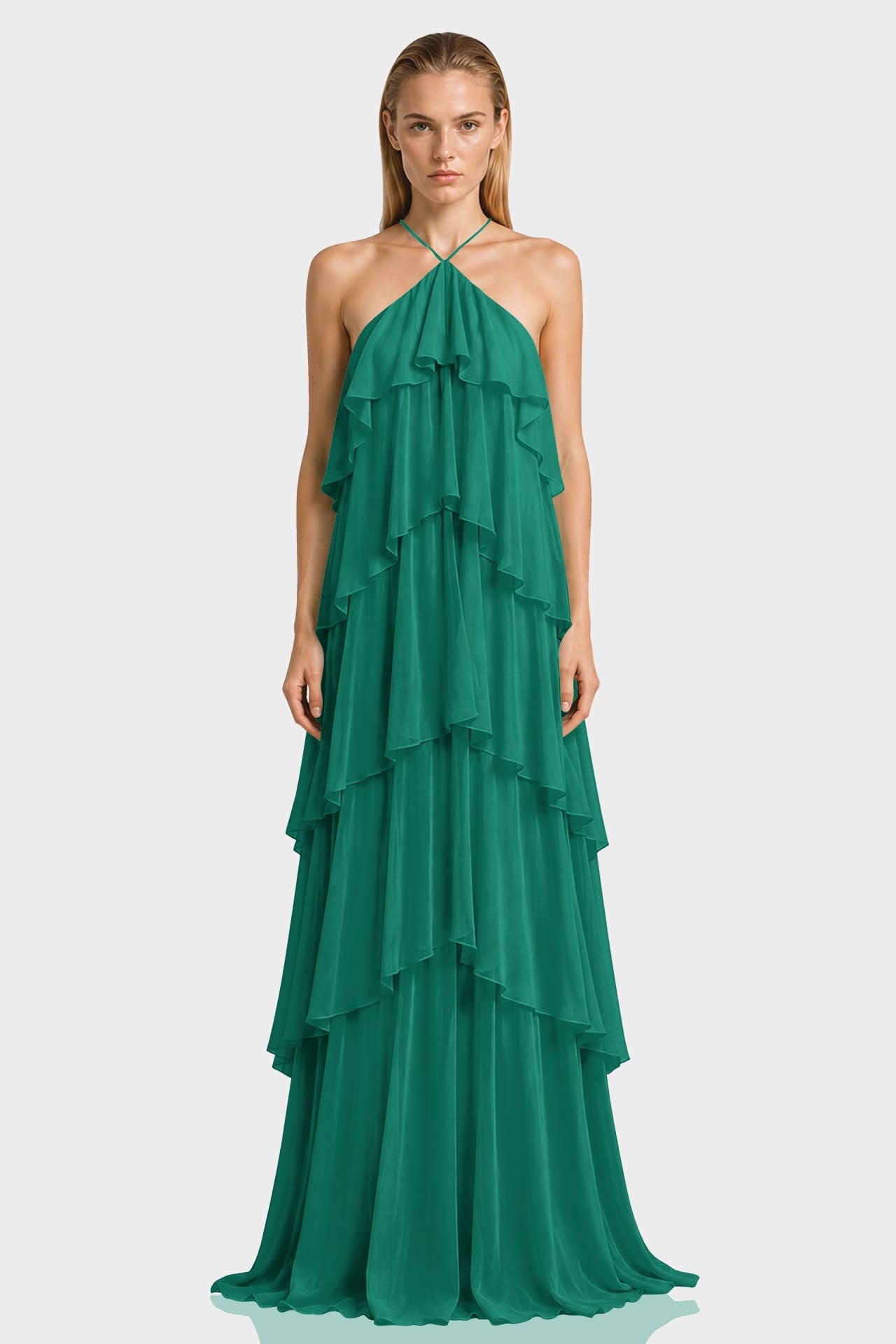 emerald green chiffon bridesmaid dresses Tiered Ruffle Gown – Shahida Parides style:modern