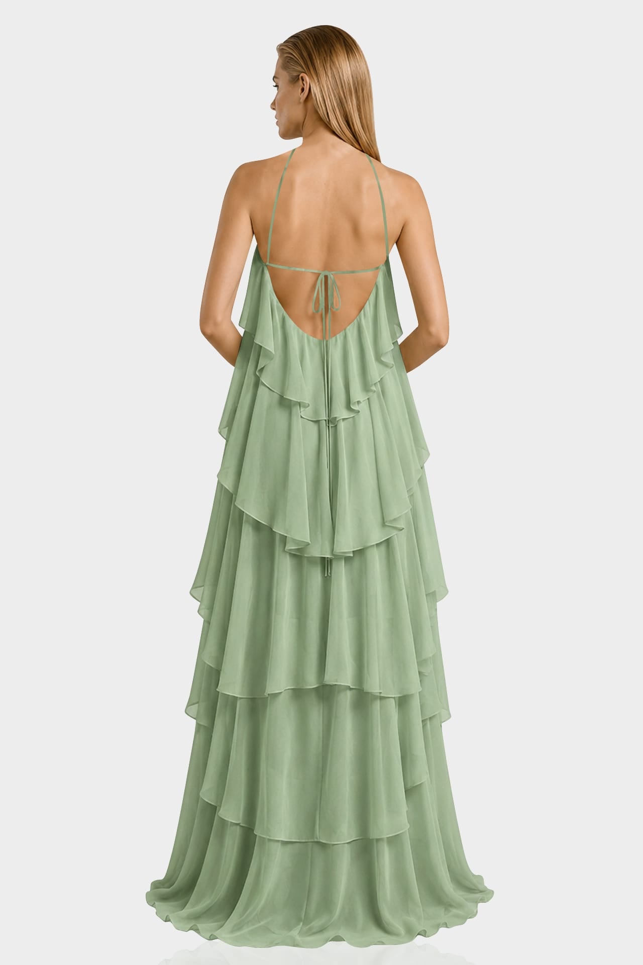 green tiered bridesmaid dress Sage Ruffle Chiffon Gown – Shahida Parides Wedding dress Mitch Ryder & The Sizes:6 - 7 Y 1x Women Dress Style:Kitten Heel