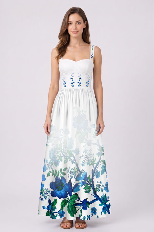 S Blue Floral Bustier Maxi Dress in Cotton Poplin with Printed Corset Bodice