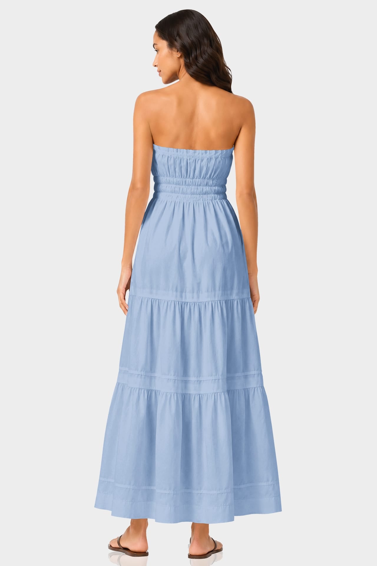 S Elegant Powder Blue Flowy Cotton Maxi Dress with Tiered Detailing