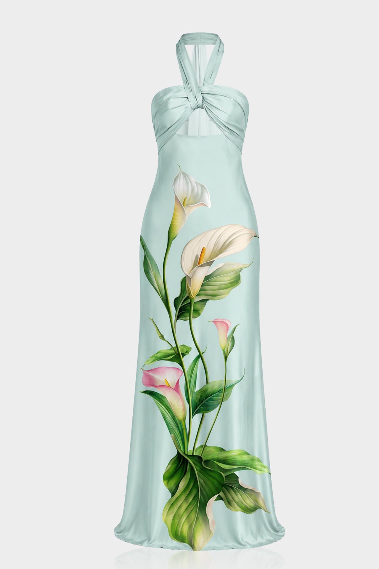 S White Reverie Mint Floral Matte Satin Halter Maxi Dress for Modern Bridal Moments