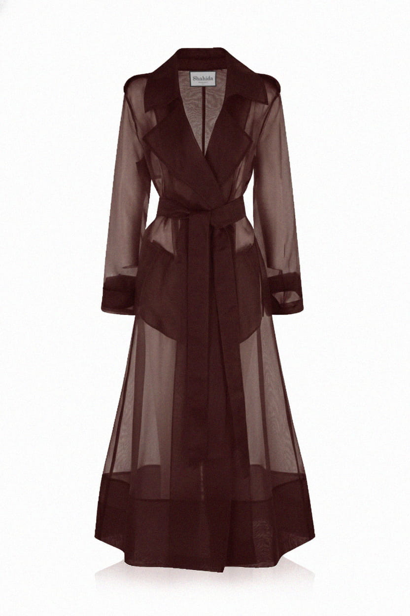 Espresso Luxury Trench Coat Women | Silk Organza Sheer Layer