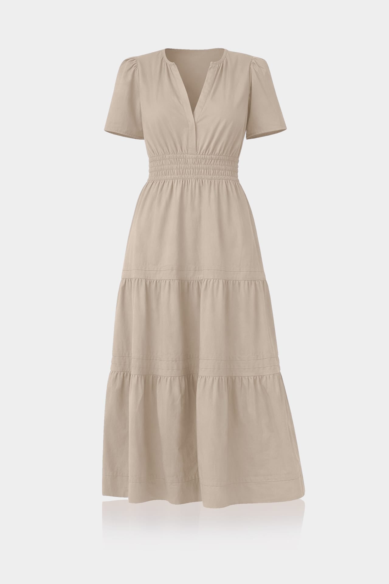 Standard / S Taupe Smocked Waist Tiered Cotton Midi Dress for Women – Cotton Summer Dress