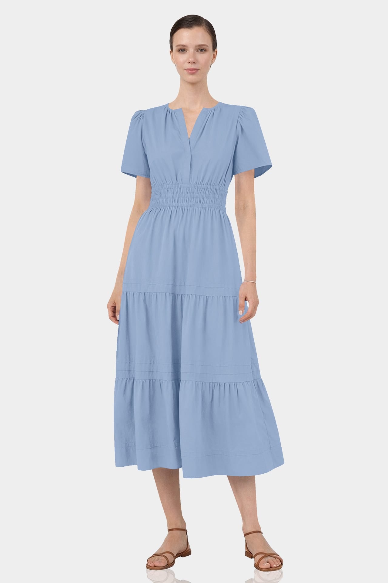 resort wear midi dresses Standard / S Steel Blue Tiered Dress with Elastic Waist – Midi Dress toned knit silhouette hugs Color:Yellow(long) Vestido de gala para renaissance revival