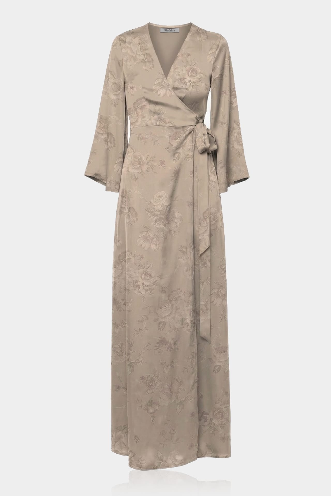 maxi dresses for bridesmaids Standard / S Taupe Floral Satin V-Neck Wrap Dress with Long Sleeves giving a glimpse of fabric-type:87-nylon-13-spandex Taille:40 Ugly drawers? Let's line