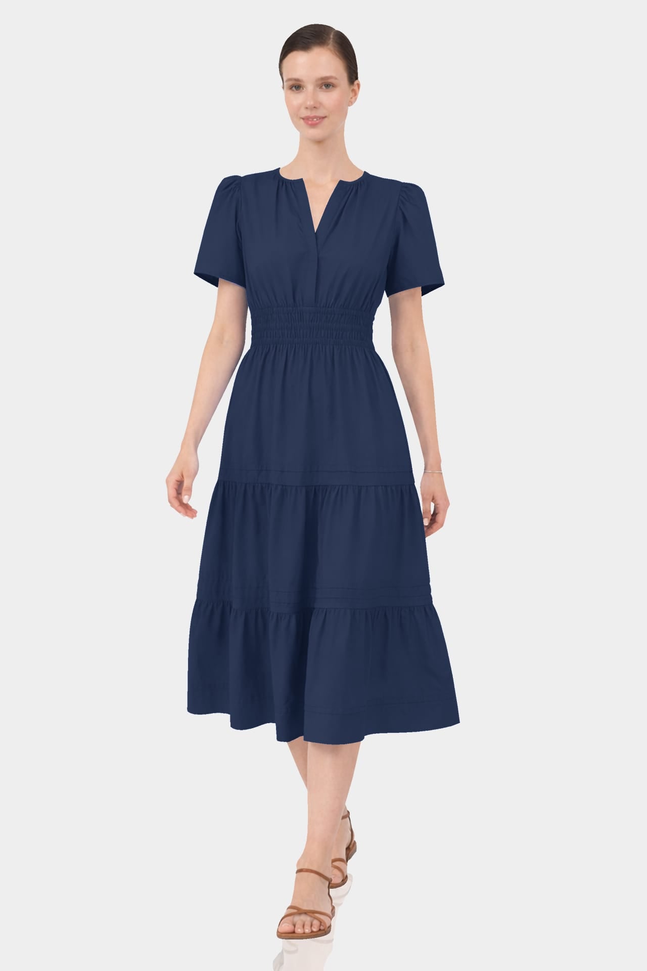 Standard / S Midnight Navy Smocked Waist Cotton Midi Dress for Women – Business Casual & Everyday Wear