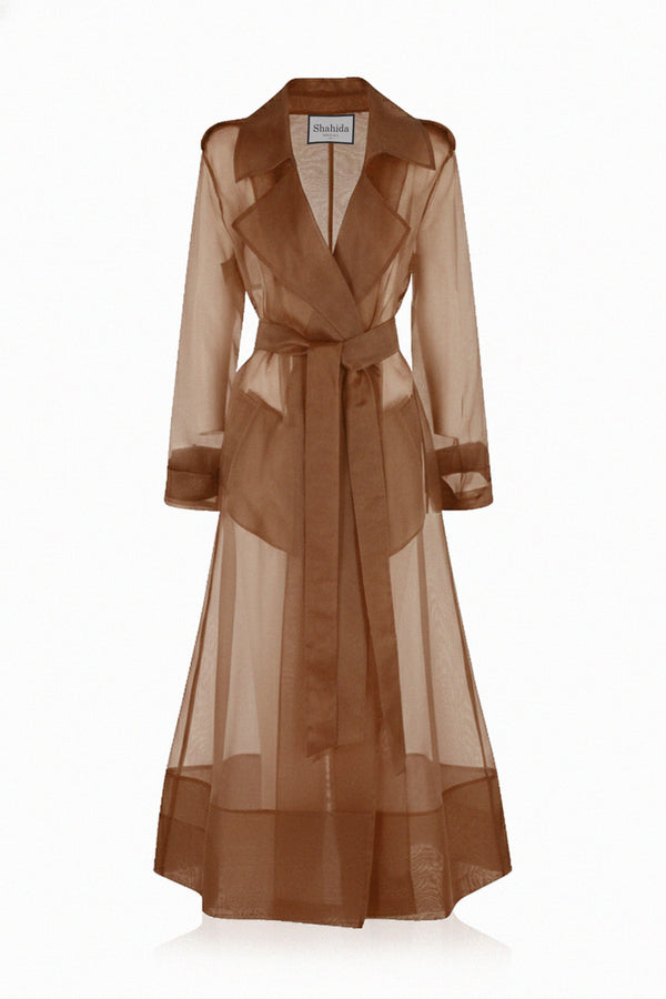 Brown Sheer Silk Organza Trench Coat  Lightweight Wedding & Evening L   Shahida Parides