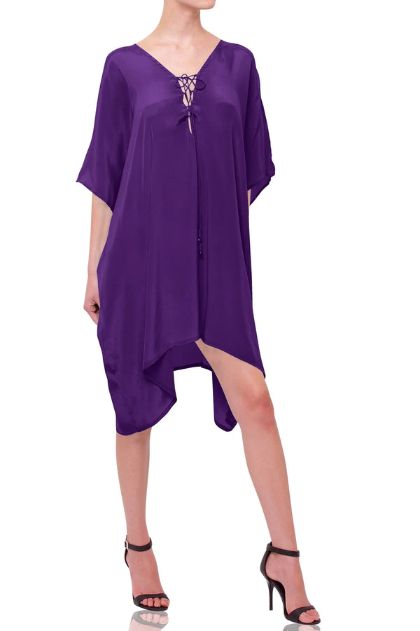 Silk Purple Kaftan Mini Dress Short Summer Dress One Size (OS) Silk Purple Kaftan Mini Dress Short Summer Dress One Size (OS)