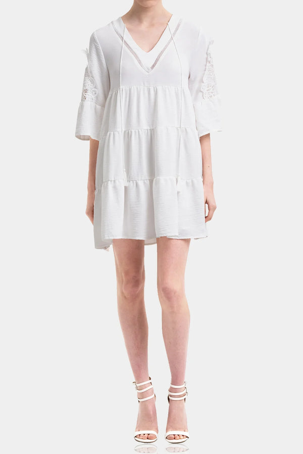 White Cotton Voile Mini Dress with Lace Sleeves