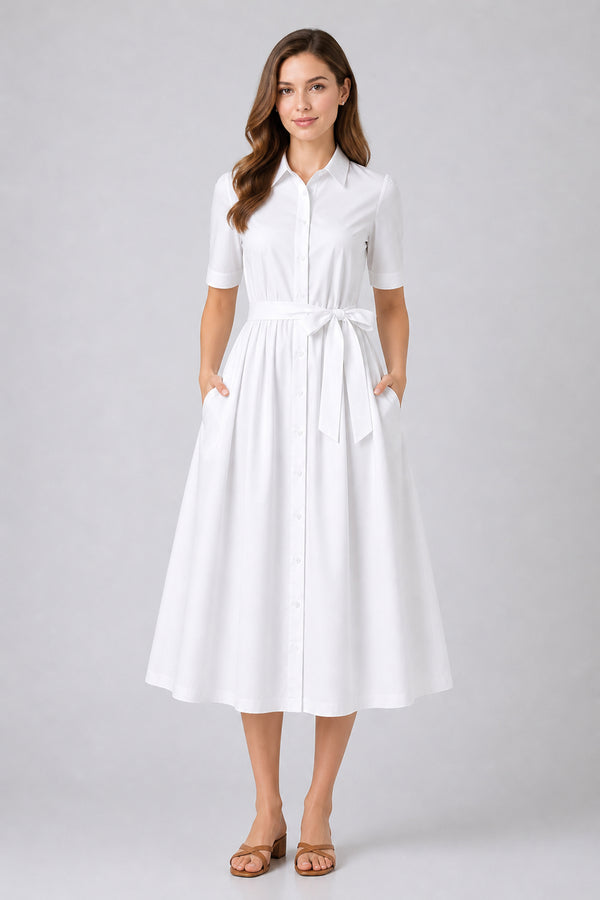 S White Belted Shirt Midi Dress for Resort Days, City Brunch & Modern Modest Dressing