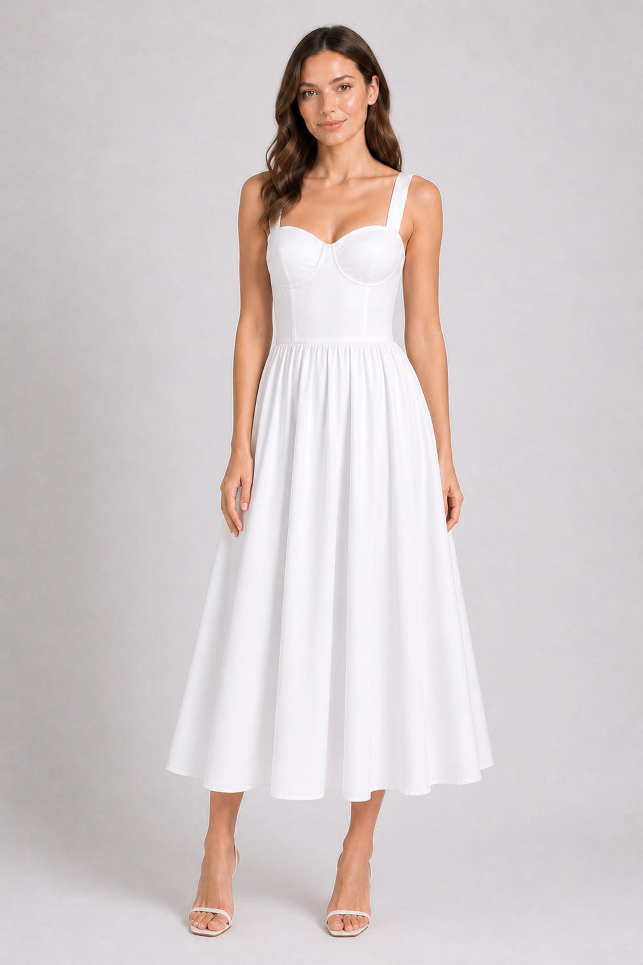 S White Corset Midi Dress with Full Skirt for Modern Bridal & Resort Occasion Dressing