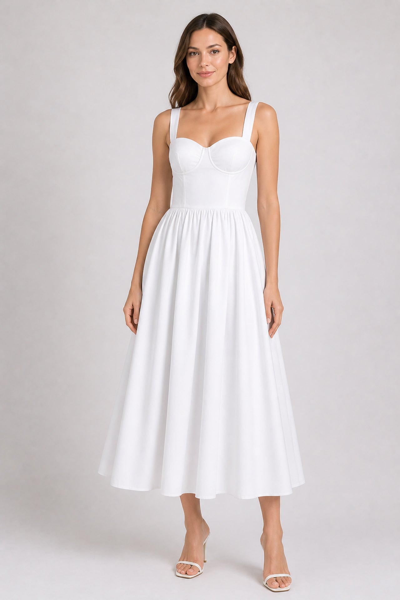 S White Corset Midi Dress with Full Skirt for Modern Bridal & Resort Occasion Dressing S White Corset Midi Dress with Full Skirt for Modern Bridal & Resort Occasion Dressing