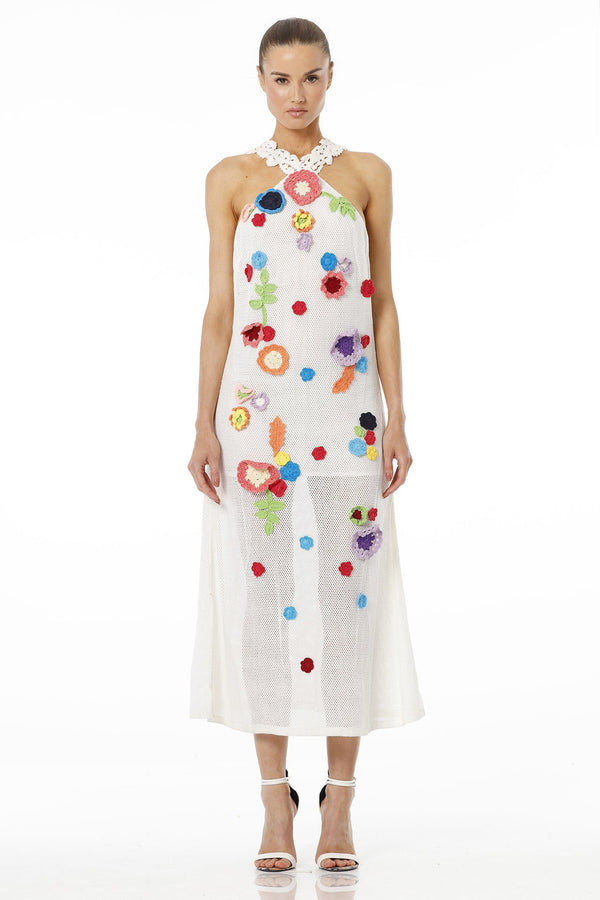 Small White Sheer Mesh Crochet Floral Halter Midi Dress-Vacation Statement Dress