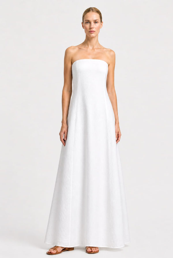 strapless cotton maxi dress S White Strapless Organic Cotton Poplin Bridal Maxi Dress for Destination Weddings