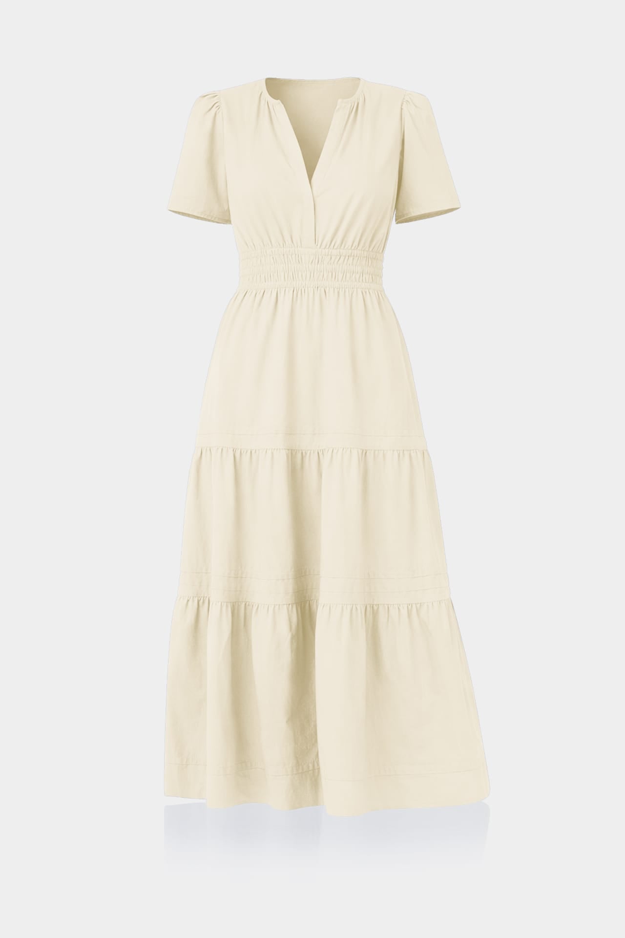 Standard / S Ivory Smocked Waist Cotton Midi Dress for Women – Cotton Destination Wedding Dress