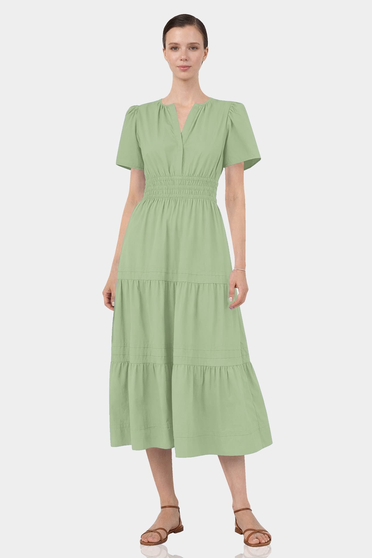 womens sage green midi dress Sage Green Midi Sundress for Women - Flutter Sleeve Smocked Button Front  Tiered A Line Dress