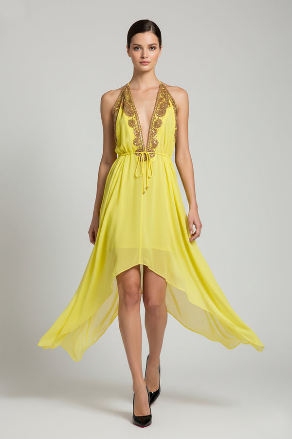yellow gold midi dress Lucinda V-Neck Twist Back Midi Dress Yellow