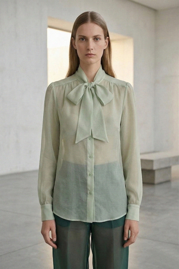 S Sage Green Sheer Organza Tie-Neck Shirt