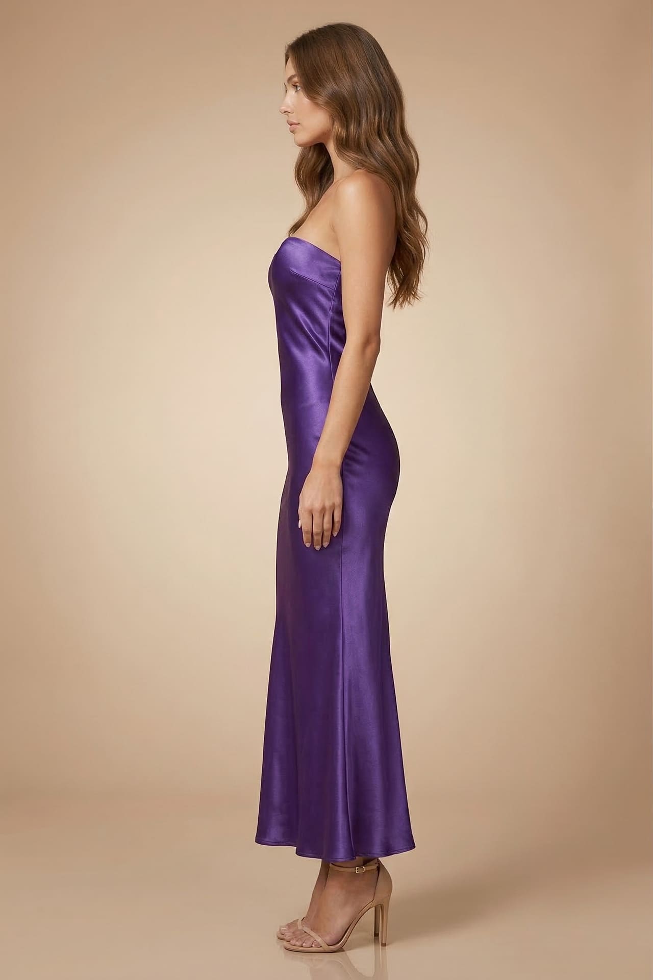 S Amethyst Strapless Satin Midi Bridesmaid Dress for Wedding S Amethyst Strapless Satin Midi Bridesmaid Dress for Wedding