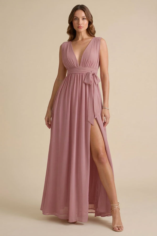 long pink party dresses Pink Tulle Long Backless Prom Dress A-Line V Neck Party Dress, Pink / 14 main image 0