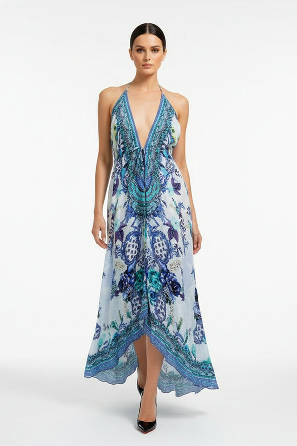azure maxi dress Azure Baroque Silk Scarf Maxi Dress