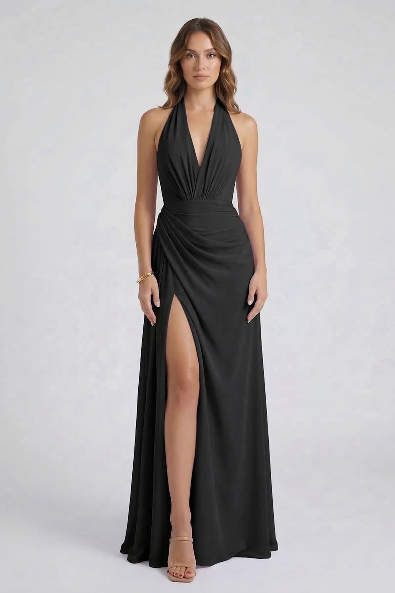 S Black Chiffon V-Neck Wedding Guest Maxi Dress with Side Slit