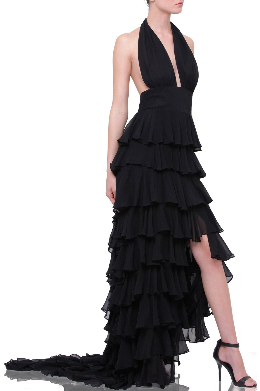  ladies black long dress, plunging v neckline dress, plus size maxi dresses, long ruffle dress,
