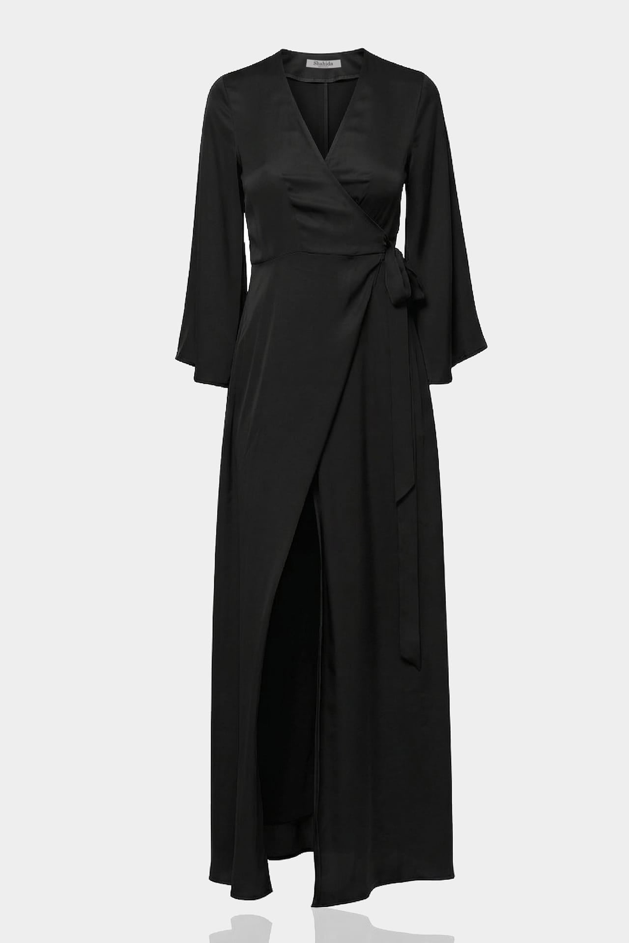 S Black Satin Wrap Bridesmaid Dress – Elegant Maxi Bridal Party Dress by Shahida