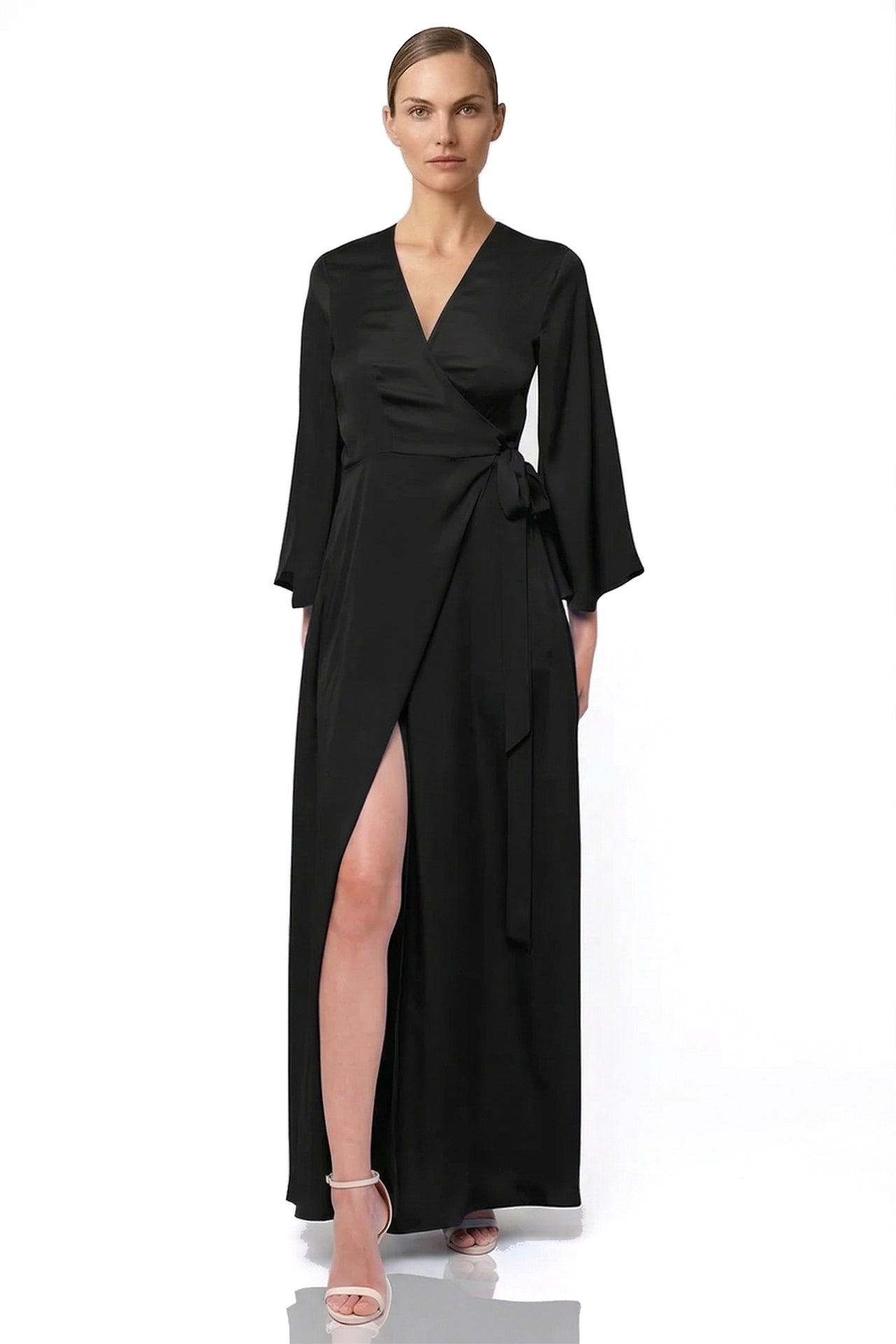 S Black Satin Wrap Bridesmaid Dress – Elegant Maxi Bridal Party Dress by Shahida